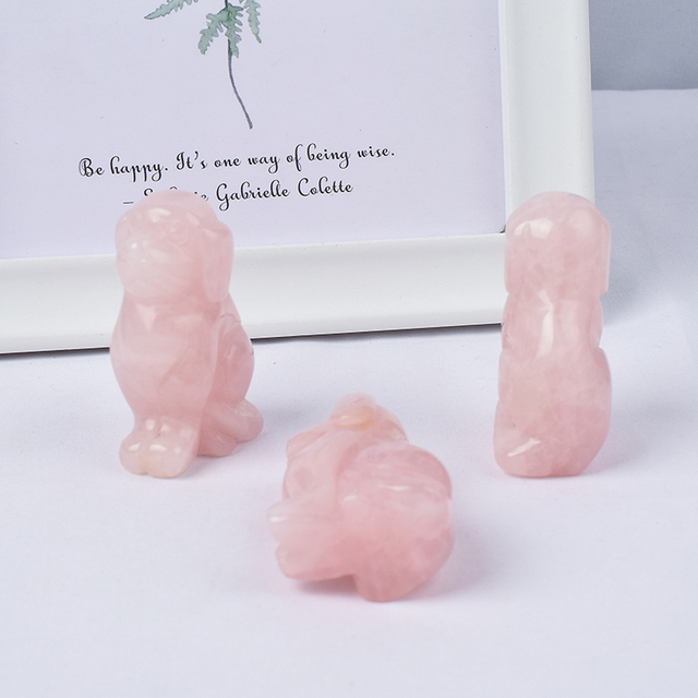  2 inch Hand Carved Natural Rose Quartz Crystal Mini Dog Figurines 