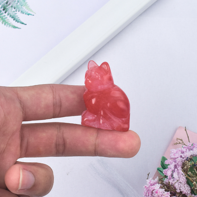 Hand Carved Natural Watermelon Red Stone Small Cat Figurines Gemstone Craft