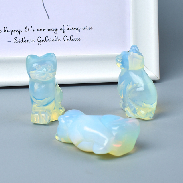  Hand Carved Natural Opalite Stone Small Cat Figurines Gemstone Craft