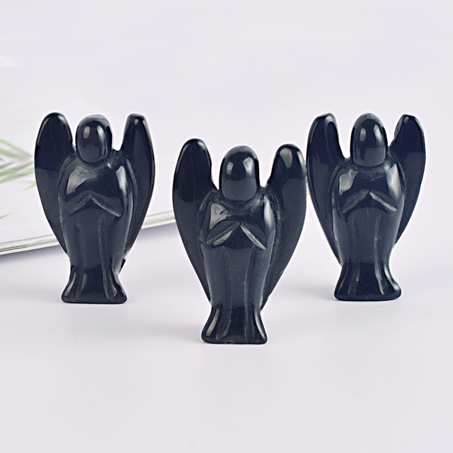 1.5 Inch Black Obsidian Stone Small Carved Crystal Angel Figurine