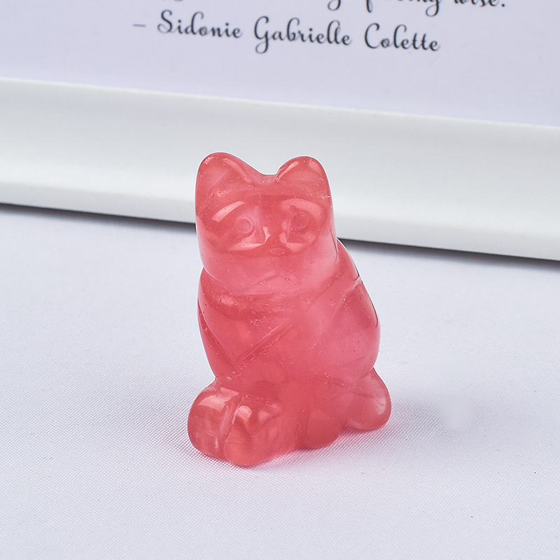  Hand Carved Natural Watermelon Red Stone Small Cat Figurines Gemstone Craft