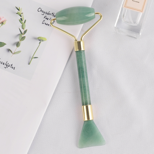 2 into 1 Green Aventurine Stone Face Roller and Shovel Design Facial Beauty Guasha Multi-Function Beauty Tools 
