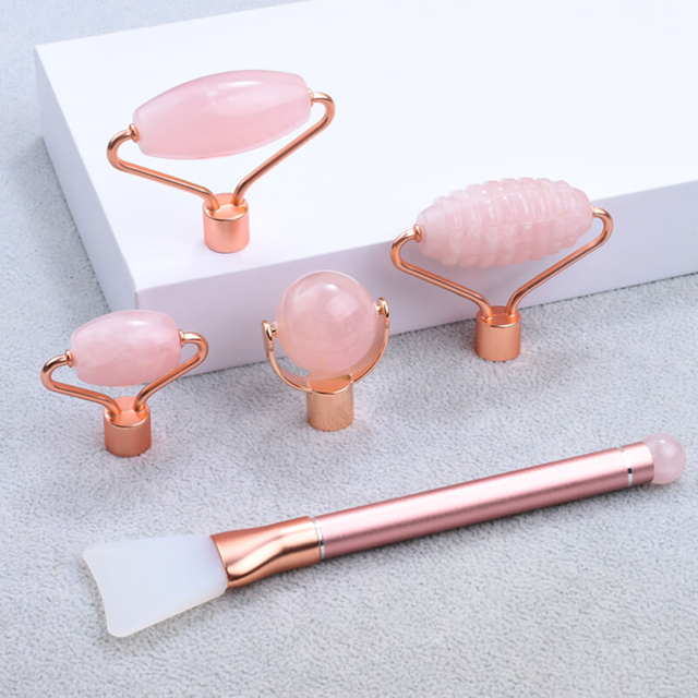 5 in 1 Multi Function DIY Jade Roller Natural Rose Quartz Facial Massage Beauty Tool