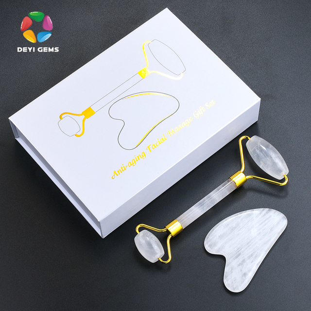 Natural Rock Quartz Roller Gua Sha Set Sales Cheap Price White Face Roller Crystal And Gua Sha Stone Kit with Box (1 Set)