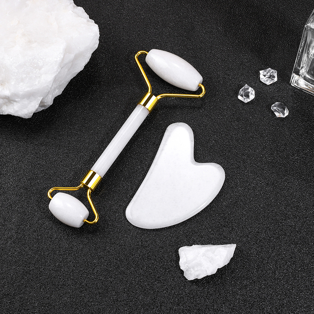 Hot Selling Natural White Jade Roller Gua Sha Set Custom Logo Facial Roller And Heart Gua Sha Stone Beauty Tool Set 