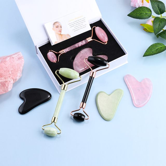 Hot Selling Jade Roller Gua Sha Set Facial Massager Tool Pink & Green Jade Roller and Gua Sha Stone Kits 