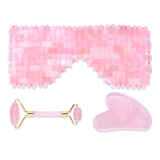Hot Selling Rose Quartz Face Jade Roller Gua Sha Set Natural Multiple Face Roller Guasha Stone Massager with Eye Mask kit with Box 