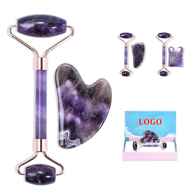 100% Natural Amethyst Jade Roller Gua Sha Set Private Label Custom Purple Facial Roller Gua Sha Stone Kits Logo For Face Skin Massage 