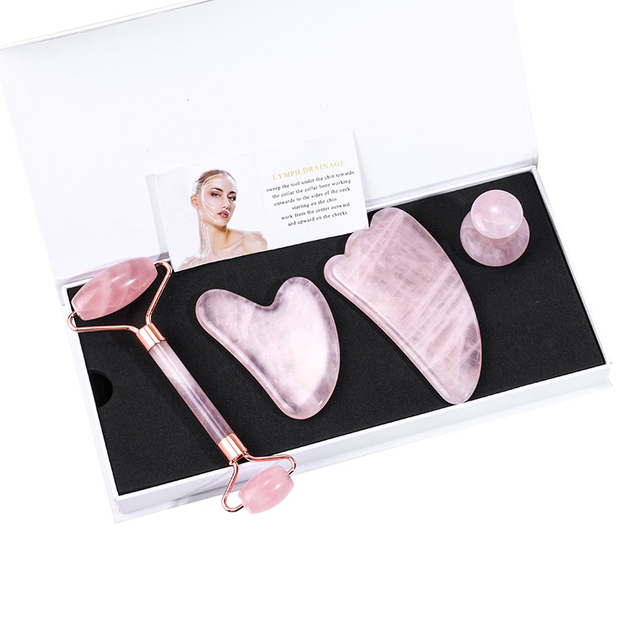 Best Selling Jade Roller Gua Sha Set Various Rose Quartz Face Roller and Gua Sha stone Facial Massage Rose Jade Roller Set For Face