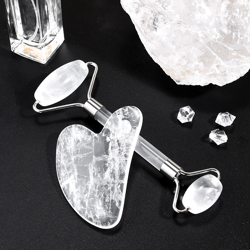 Natural Rock Quartz Roller Gua Sha Set Sales Cheap Price White Face Roller Crystal And Gua Sha Stone Kit with Box (1 Set)