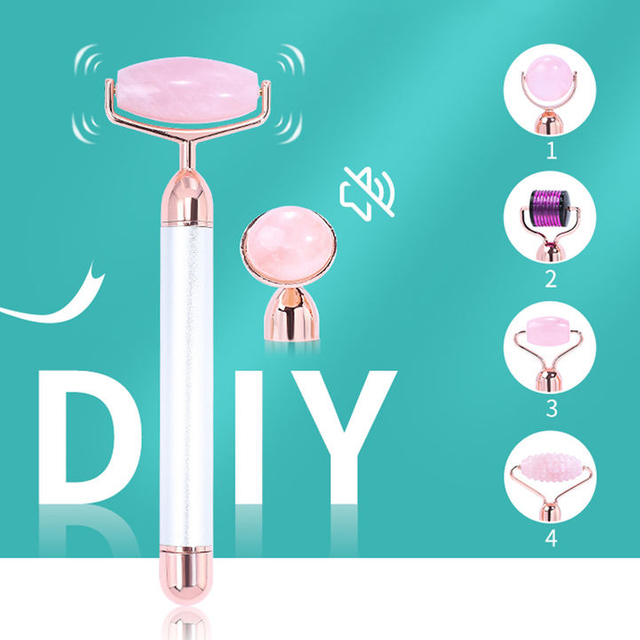 Newest Head Replaceable Rose Quartz Roller Electric Derma Face Roller Set Rechargeable Metal Facial Roller Wholesale Beauty Tool (set)