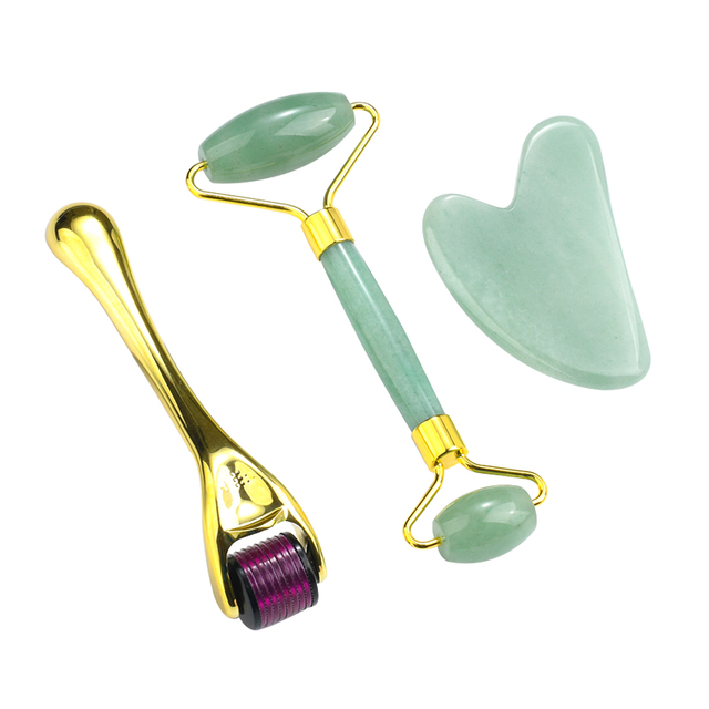 Natural Green Aventurine Jade Roller Set Wholesale Derma Microneedling Facial Jade Roller and Gua sha Set Tool Supplier