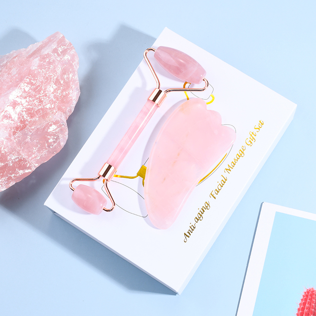 High Quality Rose Quartz Jade Roller Gua Sha Set Natural Pink Quarttz Face Roller And Horn Shaped Gua Sha Stone Beauty Facial Massager Set with Box