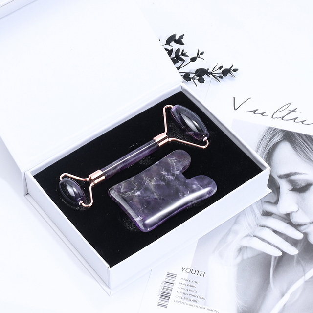 100% Natural Amethyst Jade Roller Gua Sha Set Private Label Custom Purple Facial Roller Gua Sha Stone Kits Logo For Face Skin Massage 