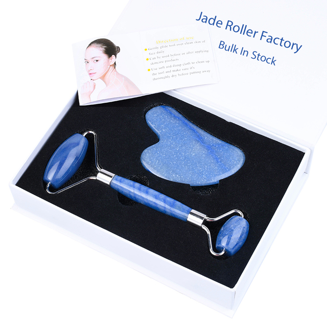 Natural Blue Aventurine Roller Gua Sha Set, High Quality Blue Face Roller And Gua Sha Scraping Tool Guasha Jade Set for Face (1 Set)