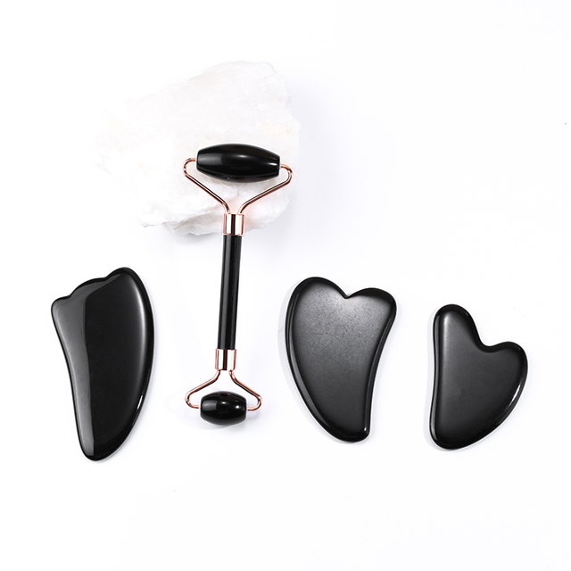 Hot Selling Black Obsidian Jade Roller Gua Sha Set Bian Stone Facial Roller and Gua Sha Set Massage Tool Skincare Scraping kits