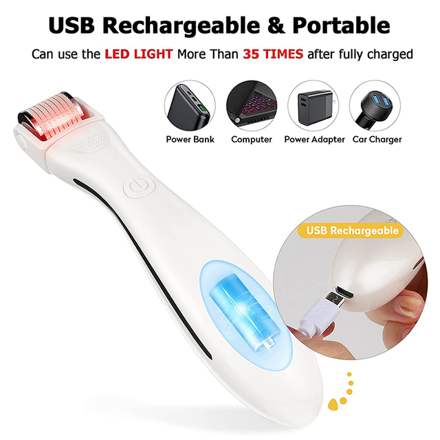 New Skin Derma Roller 540 Micro Needles Electric LED Light Microneedling Dermaroller Facial Dermarolling With Three Replaceable Heads (Set)