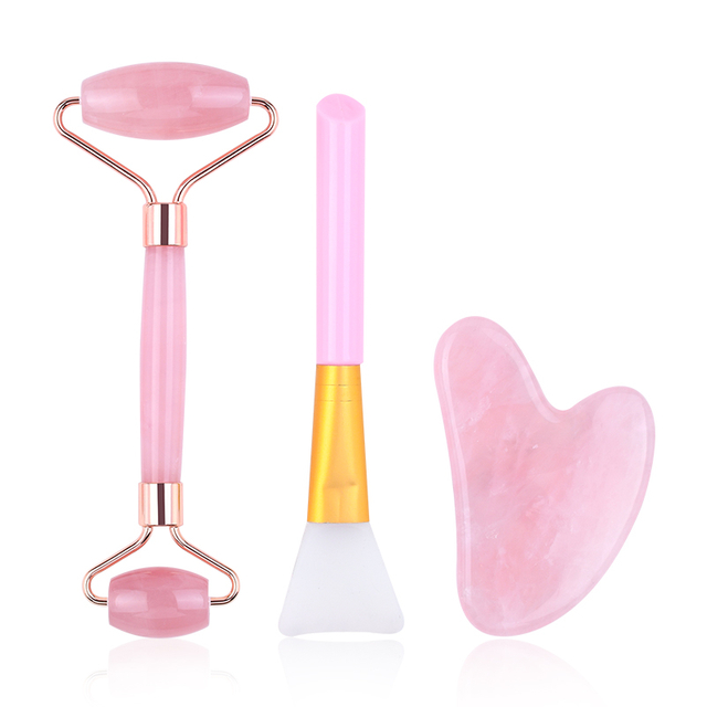 Hot Selling Rose Quartz Roller Gua Sha Set Natural Pink Quartz Face Jade Roller And Gua Sha Stone with Mask Brush Kit for Facial Beauty